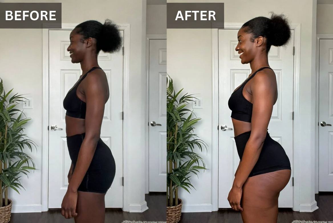 Customer body transformation - before and after side view showing improved physique